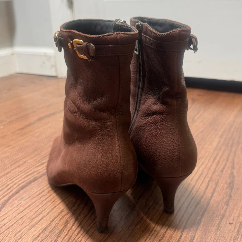 Prada Vintage Ankle Boots Y2K Brown Leather Buckle Square Pointed Chisel Toe 38